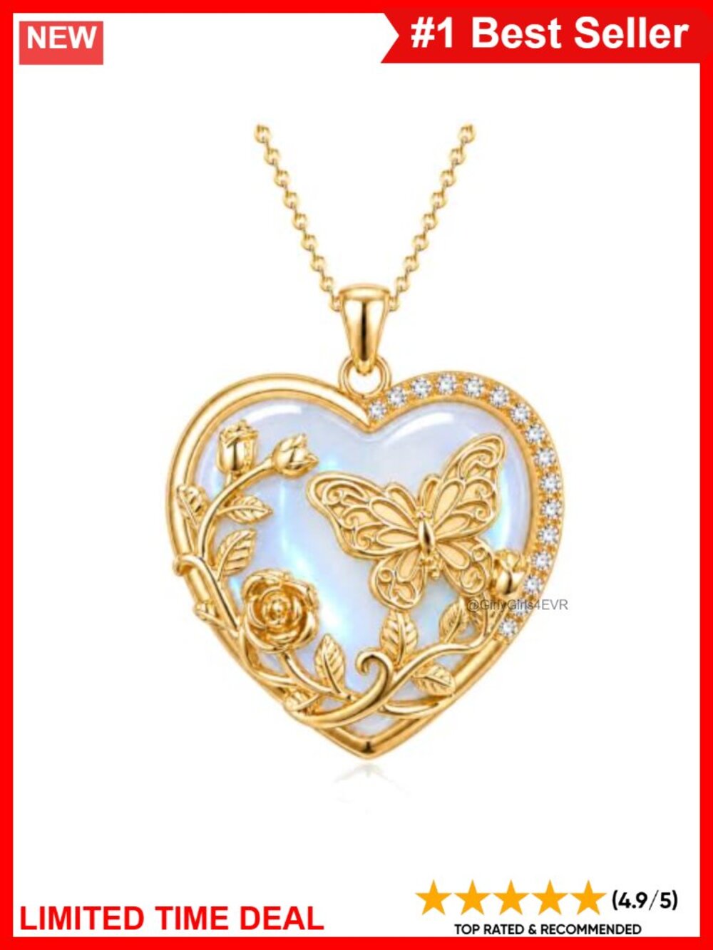 14K Gold Plated Moonstone Butterfly Pendant Necklace 18+2 Inch Chain